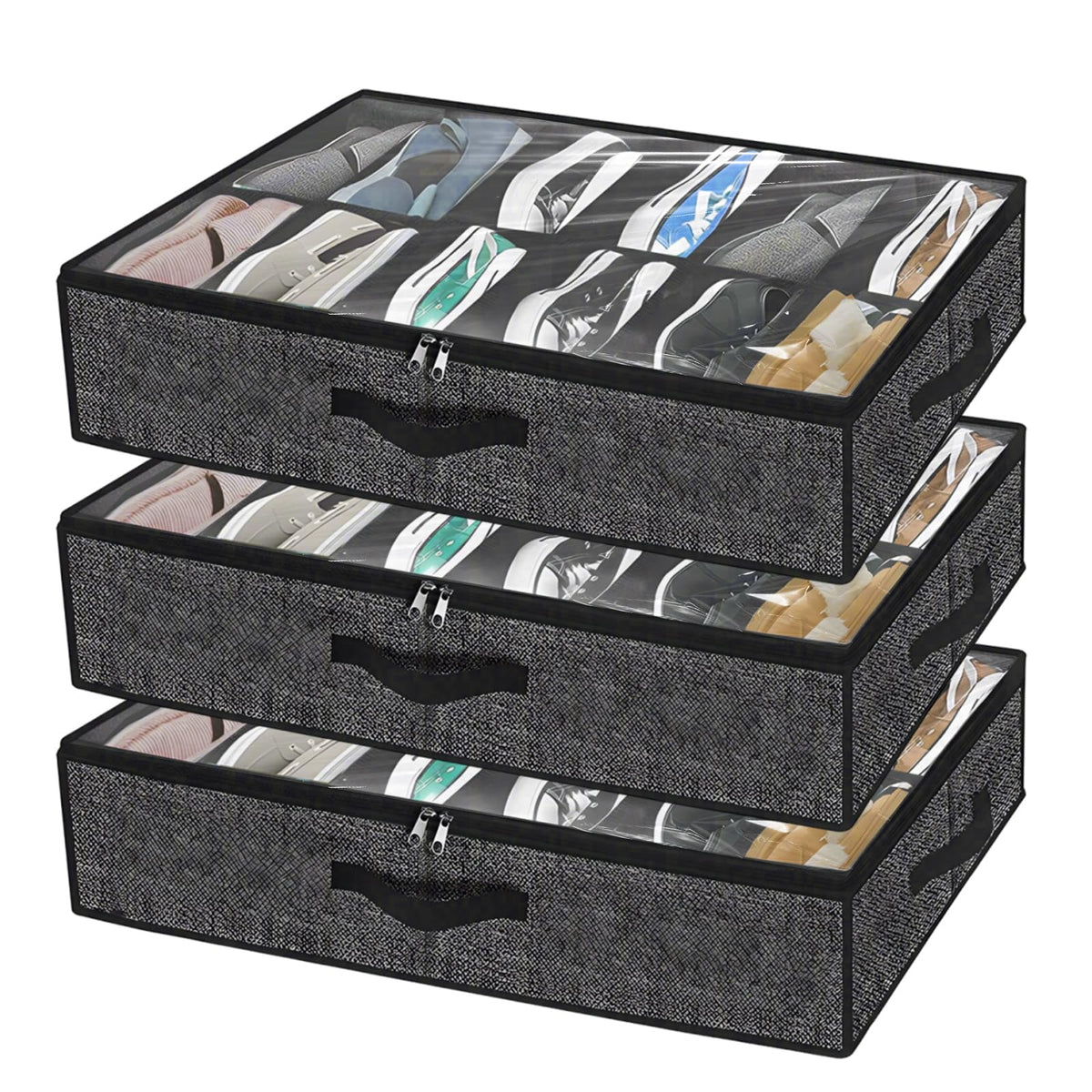 APACALI Under Bed Shoe Storage Set of 3, Fits 36 Pairs Total, Under Bed Shoe Storage Oorganiser with Lid & Handles
