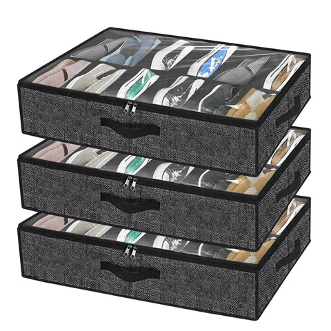 APACALI Under Bed Shoe Storage Set of 3, Fits 36 Pairs Total, Under Bed Shoe Storage Oorganiser with Lid & Handles