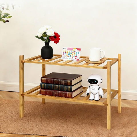 Akloya Small Shoe Rack, Multipurpose 2 Tier Shoe Organizers Rack，Small Bamboo Shelfs for Shoes, Plants, Books, Living Room, Hallway Bedroom, Bathroom