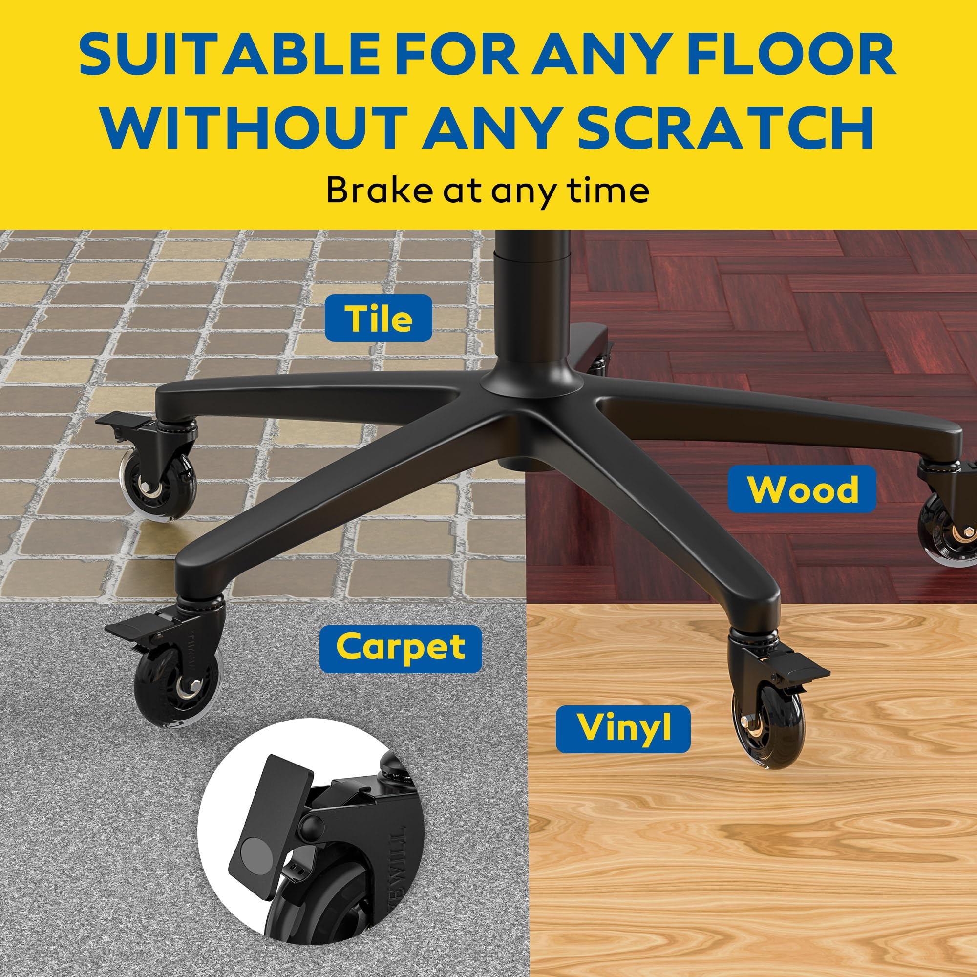 WEWILL Office Chair Castors with Lock, 5 Pieces Office Chair Replacement Castors for Carpet and Parquet