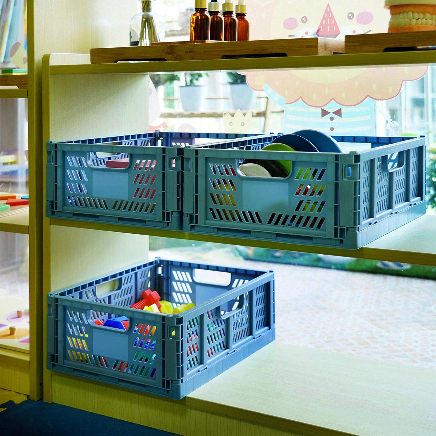 4 Pack Plastic Storage Crates Foldable Shelf Storage Basket Bins for Food Fruit Vegetables Snacks Bottles Toys Toiletries