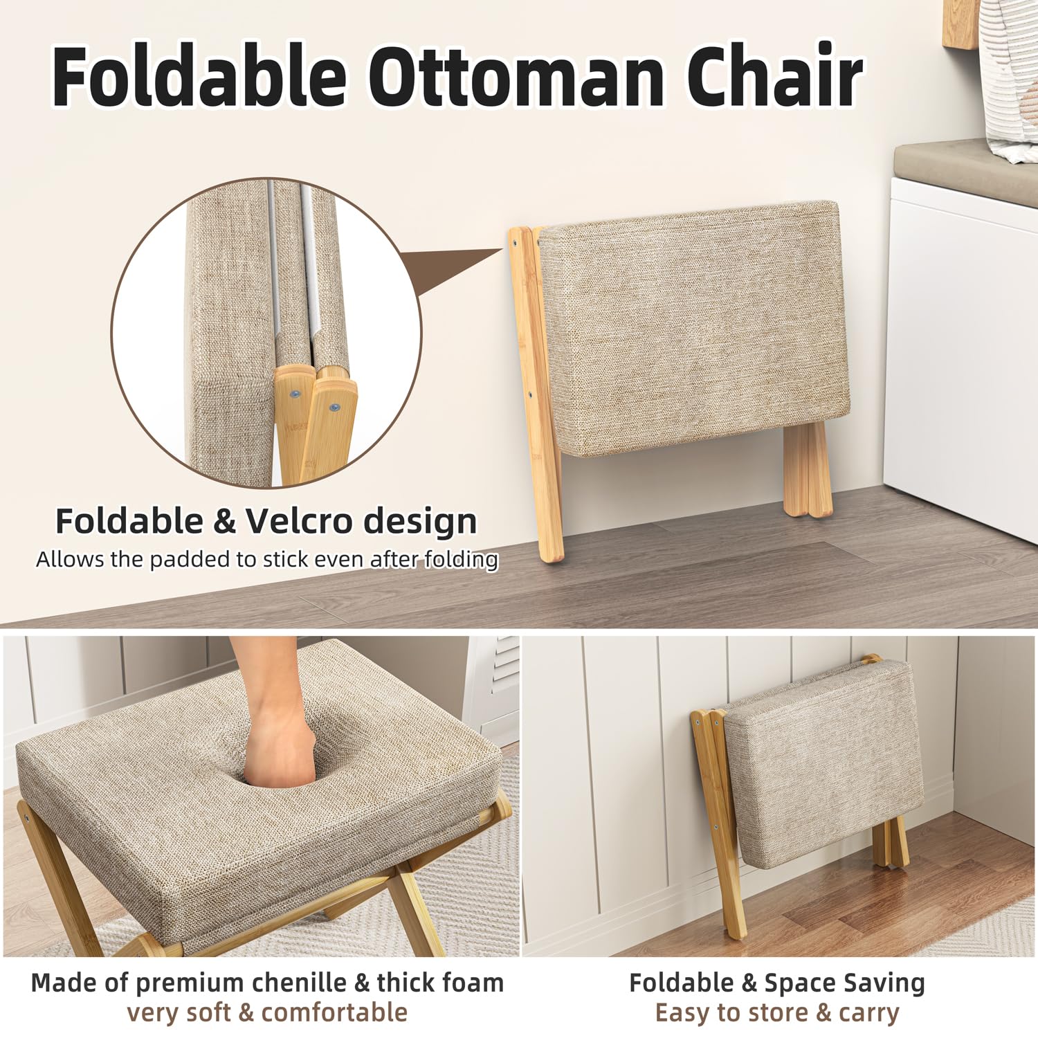 BAMBOOHOMIE Foldable Foot Stool Ottoman, Modern Foot Rest with Bamboo X Legs & Thick Foam Cushion