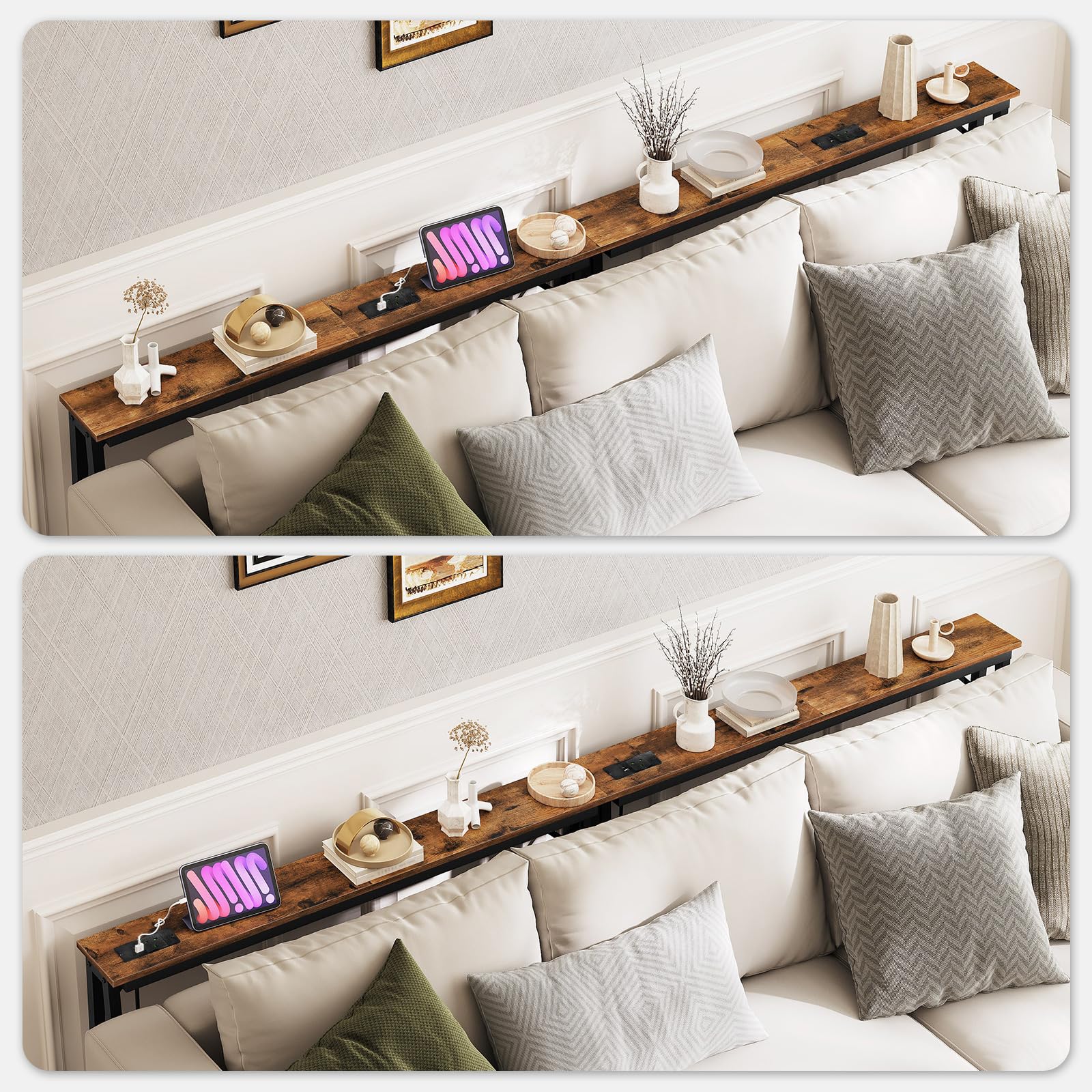 YATINEY Console Table, Set of 2, Slim Behind Sofa Table with Charging Station, Skinny Entryway Table，Metal Frame, for Living Room, Entryway, Hallway