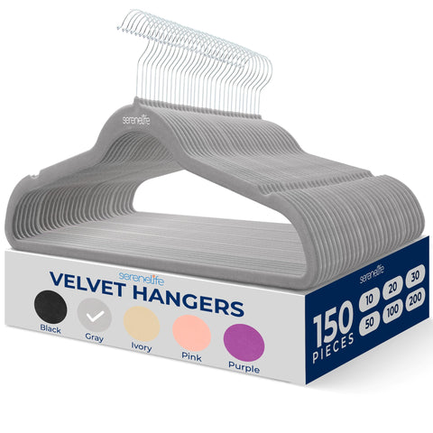 SereneLife Velvet Hangers, Gray, 150-Pack - Non-Slip Adult Coat Hangers