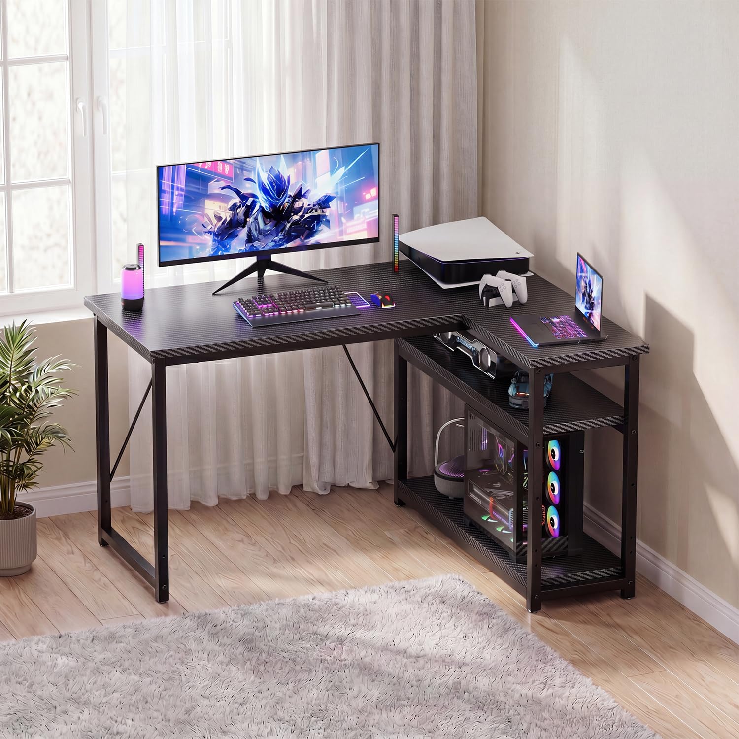 JUMMICO Small 120x80cm L-Shaped Corner Desk with Storage,Compact Corner Computer Desk for Home Office, Carbon Fibre Black