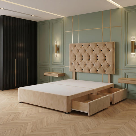 Bed Centre Premier Divan Base with 2 Drawers and Matching Headboard - Available in Multiple Fabrics and Colours (3FT Single, Plush Beige)