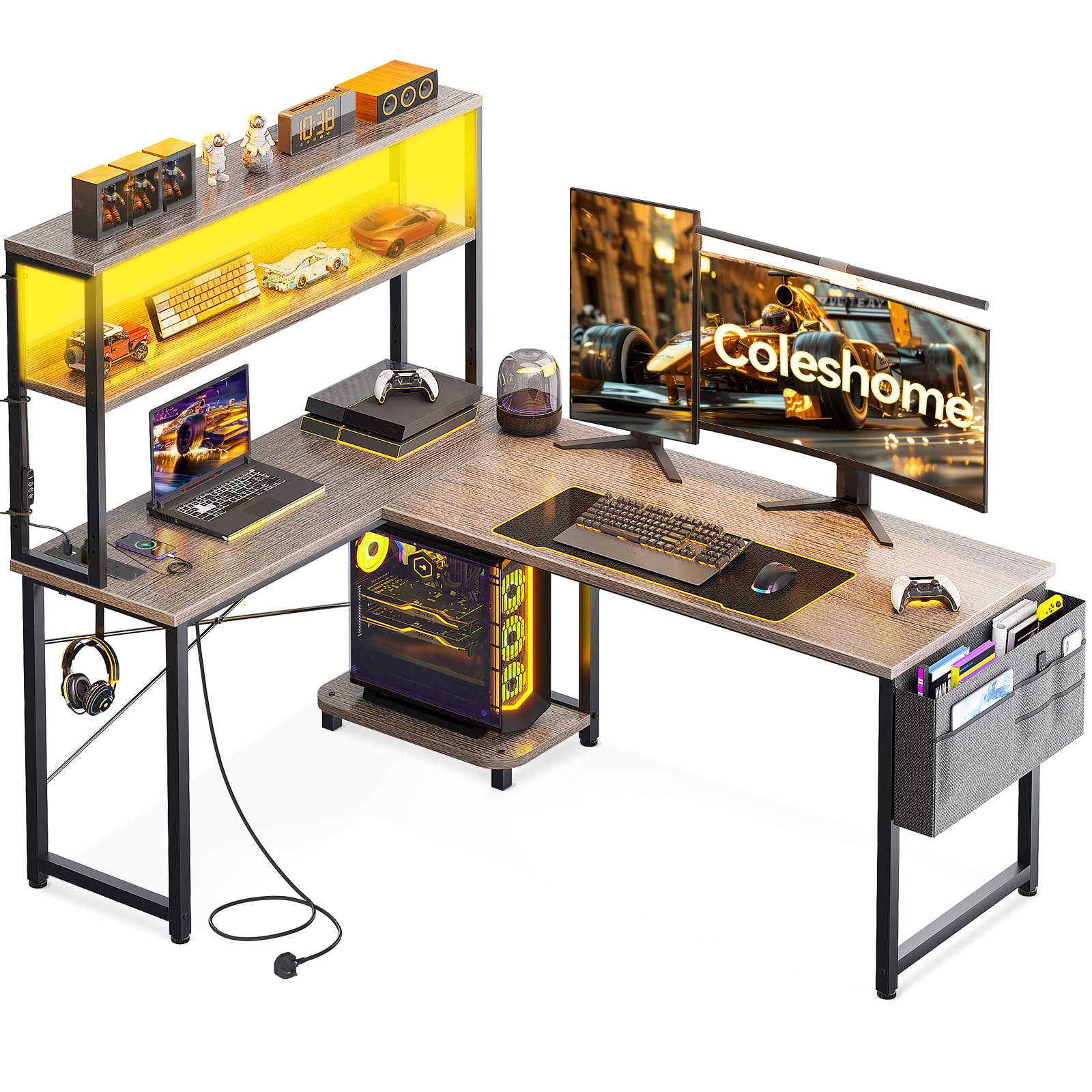Coleshome L Shaped Gaming Desk with LED Lights & Power Outlet, Grey