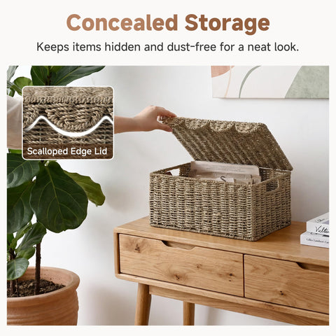 StorageWorks Scalloped Edge Wicker Basket with Lid, Handwoven Natural Seagrass Basket for Décor, Shelves, Nursery Room