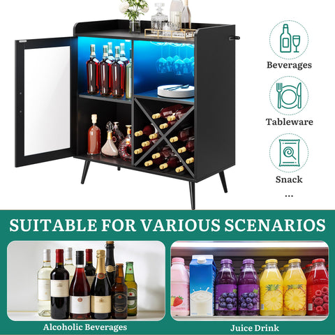YITAHOME Small Bar Cabinet with LED Lights, Acrylic Door & Wine Rack, Coffee Bar with Cup Holders, Sideboard for Home Bar, Dining Room, Living Room