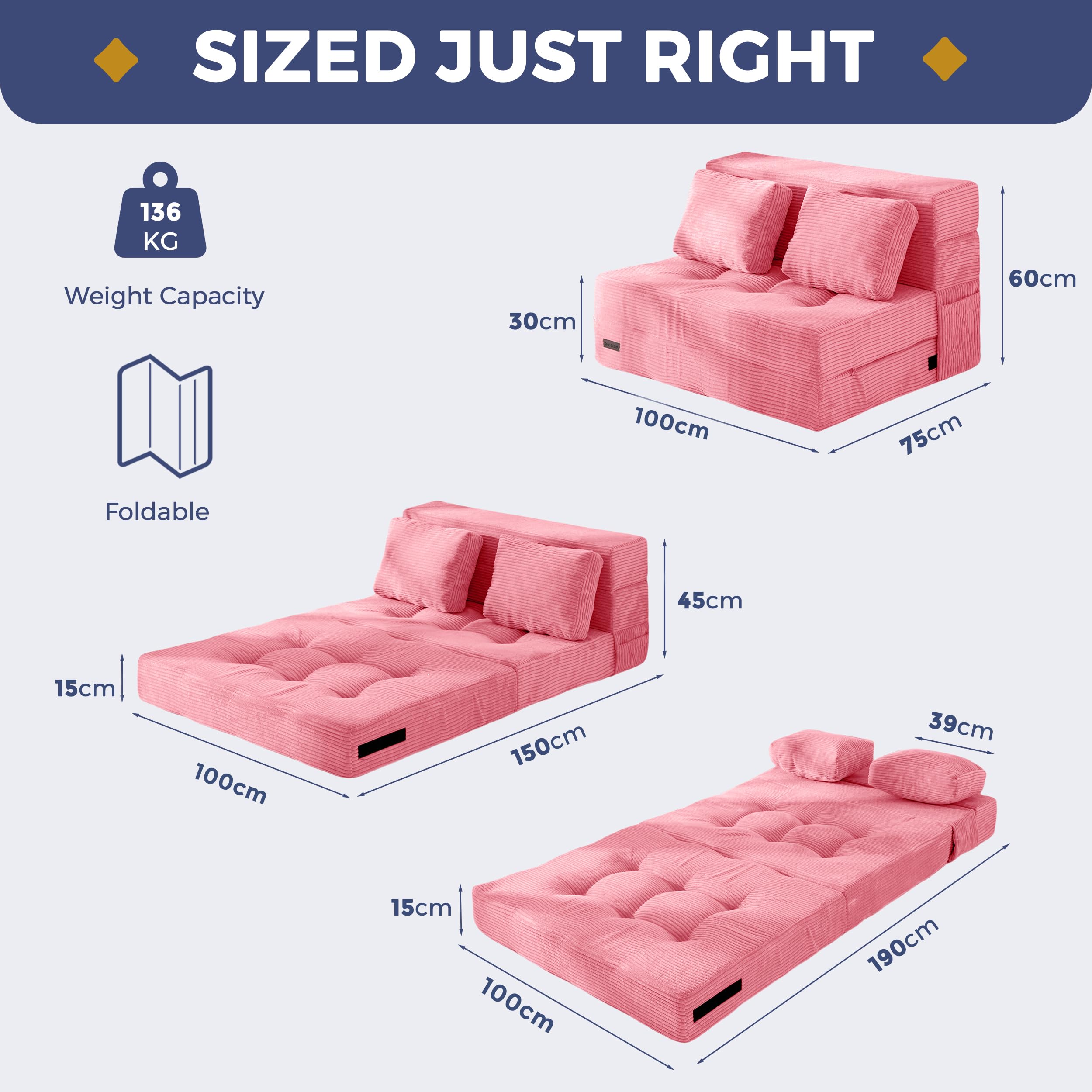 MAXYOYO Folding Foam Sofa Bed, Tri-Fold Mattress with 2 Pillows, Convertible Sofa Chair Futon Z Bed with 15cm Thincken Foam