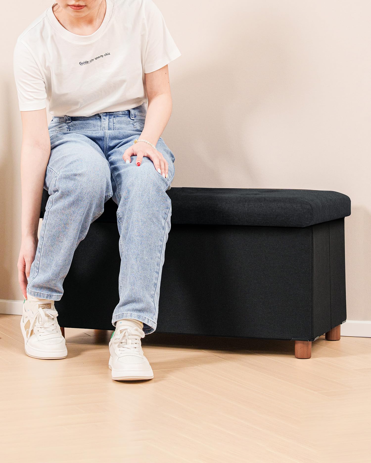 Bonlife Storage Ottoman with Tray, Foldable Bench with Wooden Legs