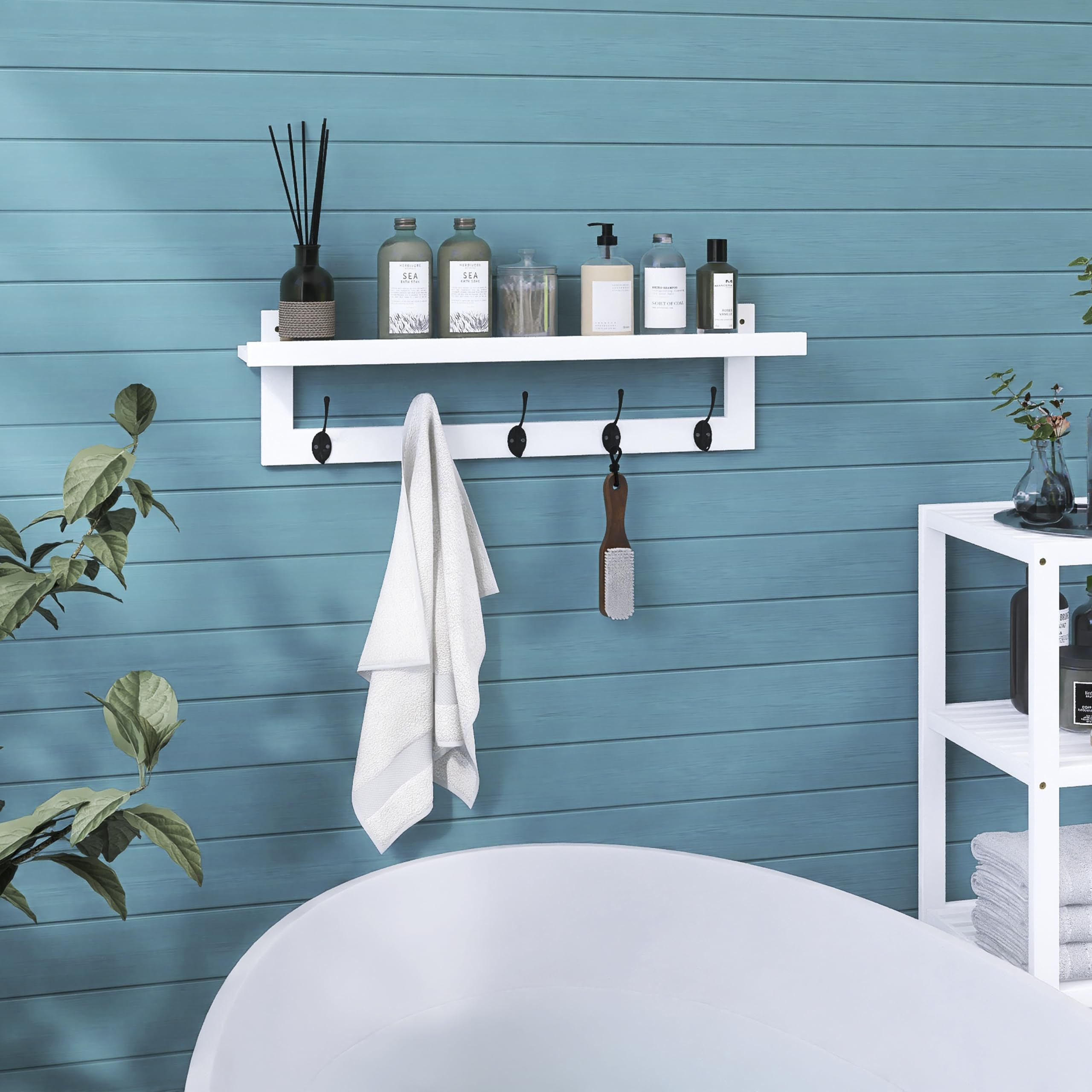 SMIBUY Coat Hooks with Shelf Wall-Mounted, 74 cm Entryway Coat Rack for Wall, Bamboo Hanging Shelf with 5 Double Metal Hooks for Bathroom, Bedroom