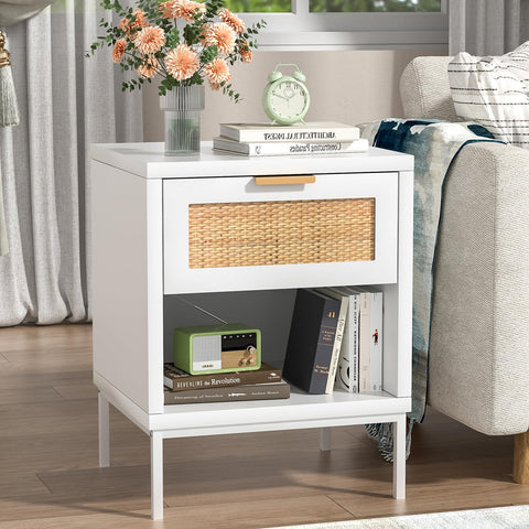 Skokliz Bedside Tables Set of 2, Rattan Bed Side Table for Bedroom with Drawer & Open Shelf, Wood Nightstand, White Bedside Cabinets for Living Room