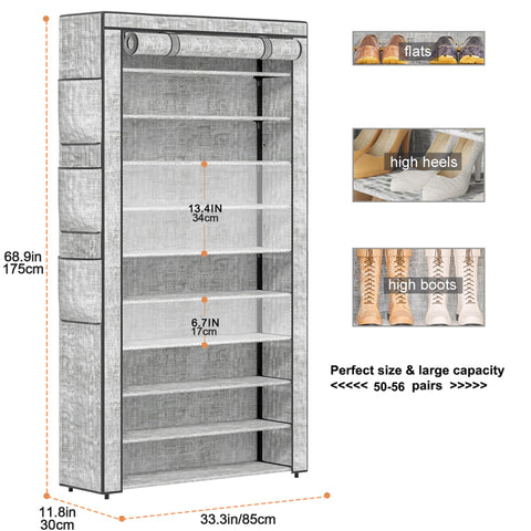 OYREL 10 Tier Shoe Rack Cabinet with Dustproof Cover for 50-56 Pairs Shoes