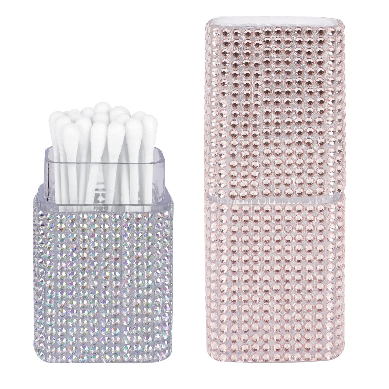 ReignSword 2 Pack Cotton Swab Holder for Travel, Portable Diamond Dental Floss Storage Box, Small Qtips Case Cosmetic Sponge Dispenser Container