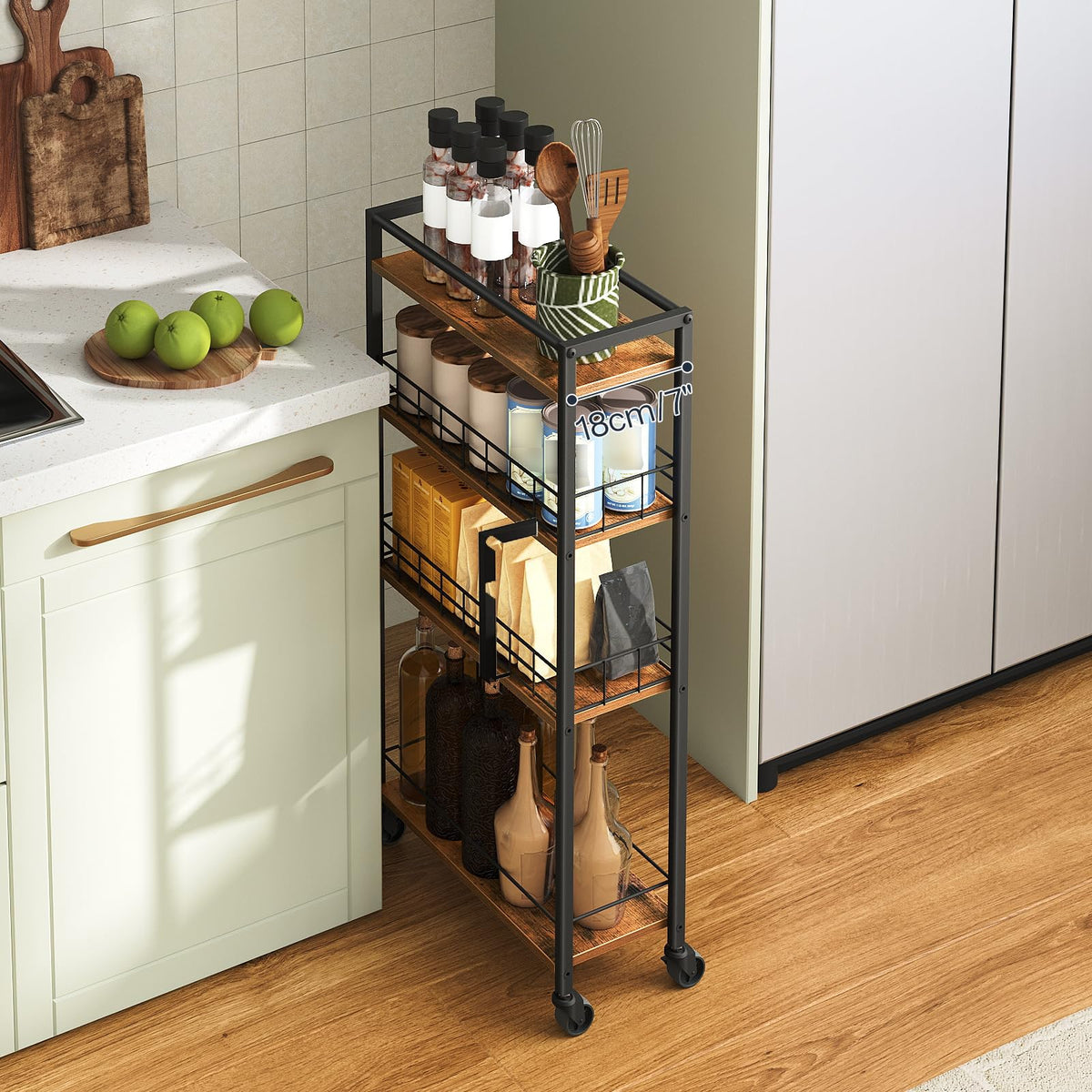 HOOBRO 4-Tier Slim Kitchen Storage Cart, Narrow Rolling Cart for Small Space, Versatile Serving Trolley on Wheels, for Kitchen, Dining Room