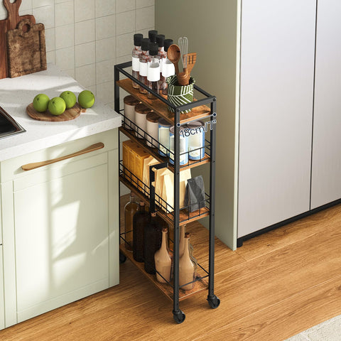 HOOBRO 4-Tier Slim Kitchen Storage Cart, Narrow Rolling Cart for Small Space, Versatile Serving Trolley on Wheels, for Kitchen, Dining Room