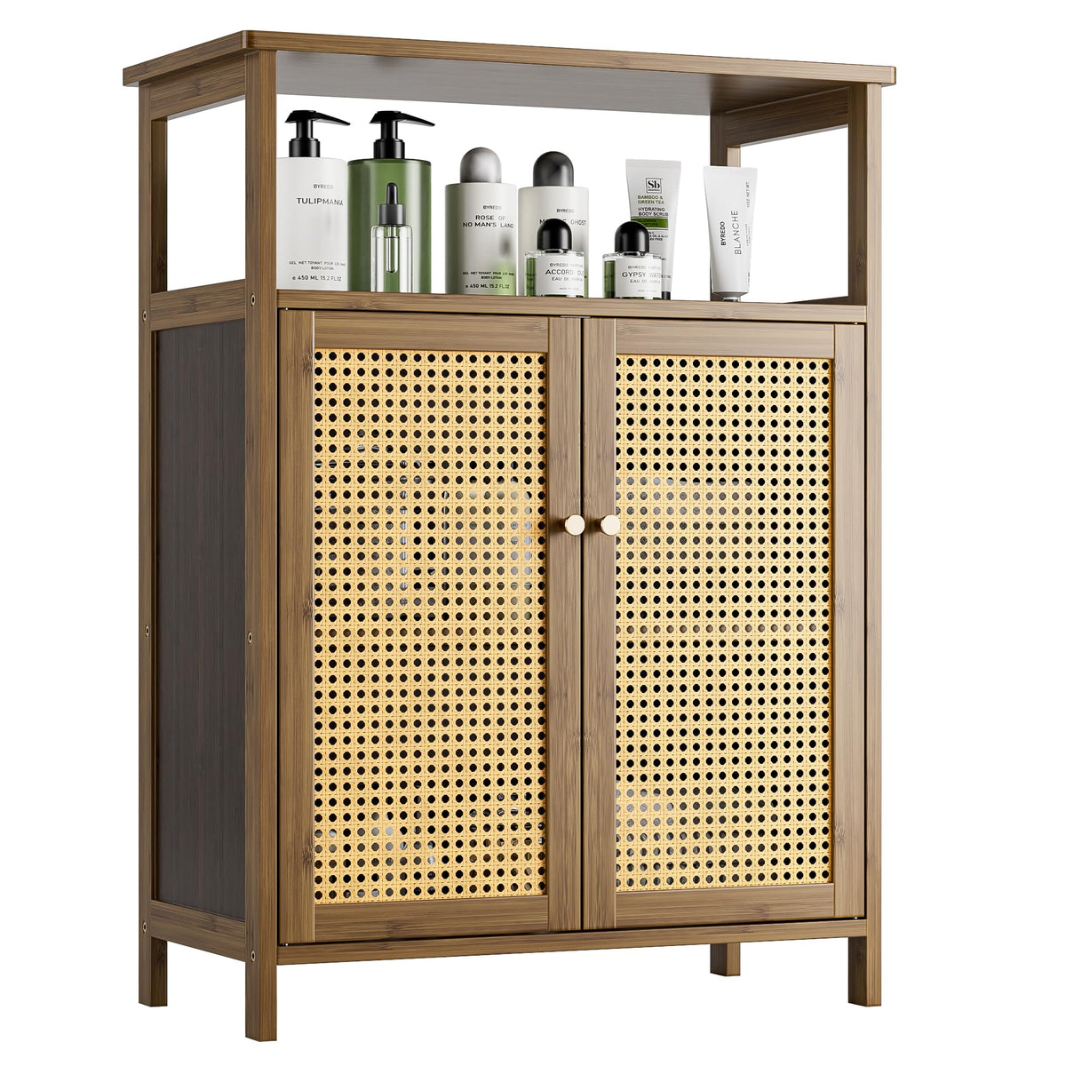 vovala Bathroom Floor Stand Cabinet, Bamboo Storage Organizer Table with 2 Rattan Doors and 1 Shelf, Wooden Side Cupboard for Hallway, Laundry