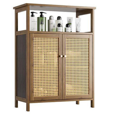 vovala Bathroom Floor Stand Cabinet, Bamboo Storage Organizer Table with 2 Rattan Doors and 1 Shelf, Wooden Side Cupboard for Hallway, Laundry