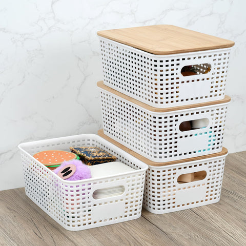 LYHLYA Stackable Storage Bins with Bamboo Lids, 6-Pack, BPA-Free Plastic, 5.1 Qt Capacity, Side Handle, 10x7.2x4.13 Inch, for Home Organization