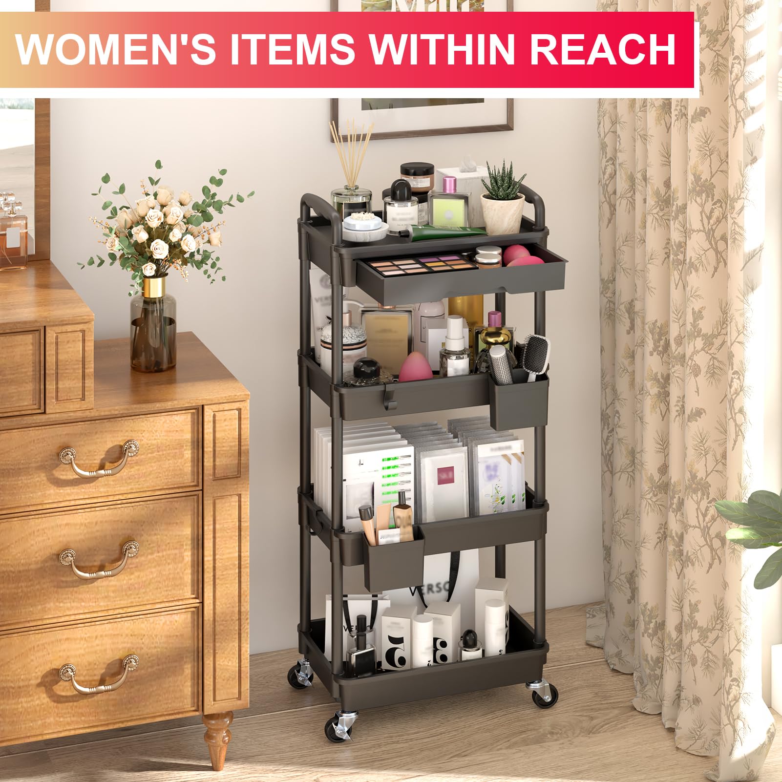 Yeabett 4 Tier Storage Trolley with Drawer, Utility Cart with Plastic Shelf & Lockable Wheels Multifunctional Storage Cart for Kitchen, Bathroom