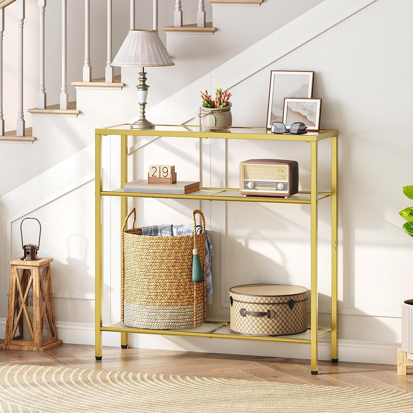 HOOBRO 3-Tier Gold Console Table, Tempered Glass Sofa Table, Narrow Side Table, Modern Hallway Table, for Living Room, Foyer, Hallway, Bedroom