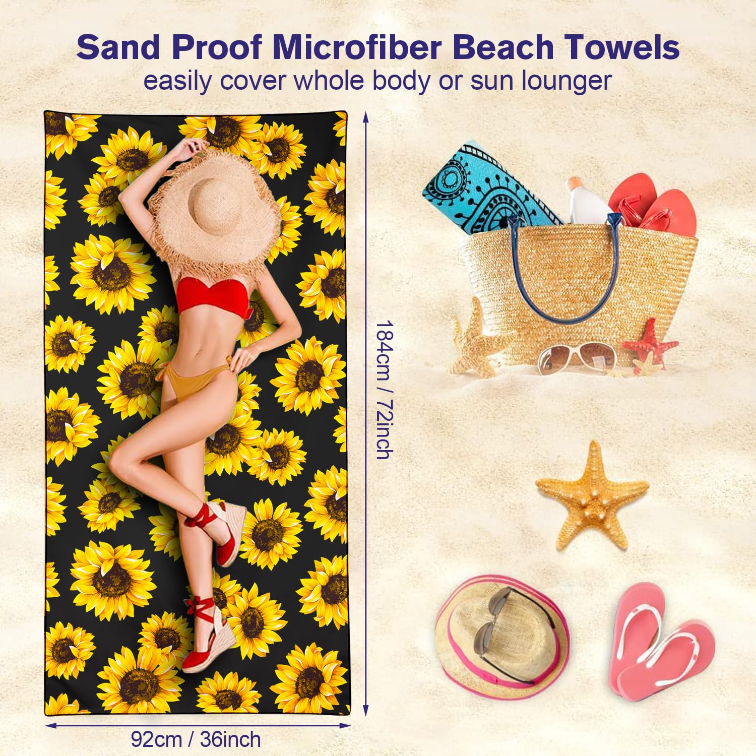 Violetpos Sunflower Print Beach Towel, Extra Large 180x90 cm 250GSM Microfibre, Sand Free Quick Dry