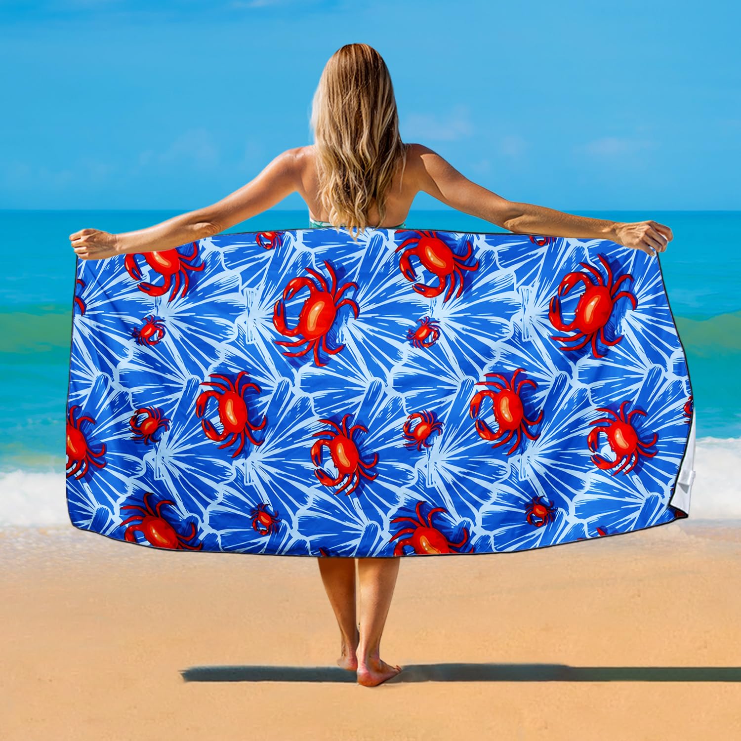 Violetpos Red Crab Print Beach Towel, Extra Large 180x90 cm 250GSM Microfibre, Sand Free Quick Dry