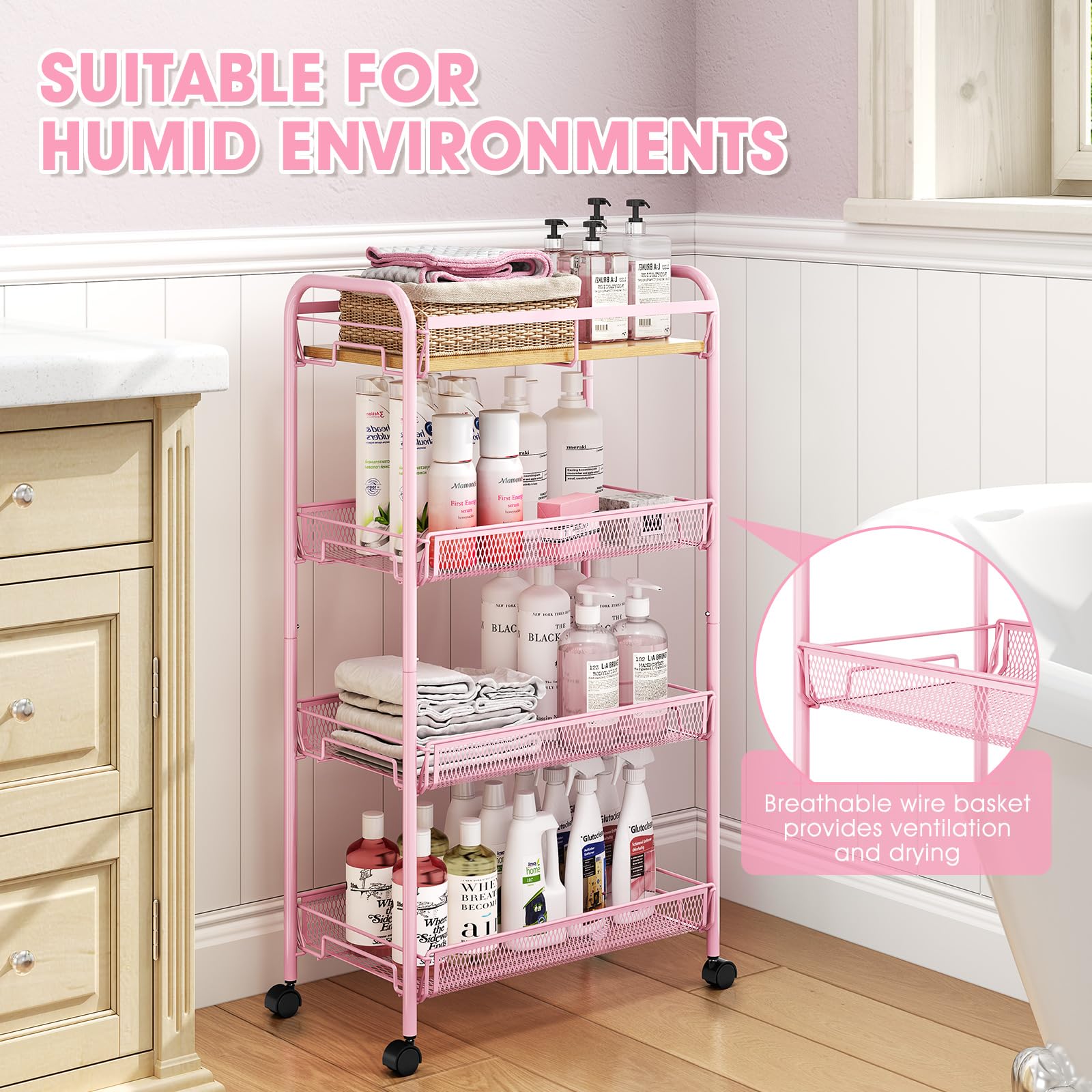 KINGRACK 4-Tier Rolling Cart with Wooden Tabletop & Mesh Baskets, Slide Out Metal Utility Cart