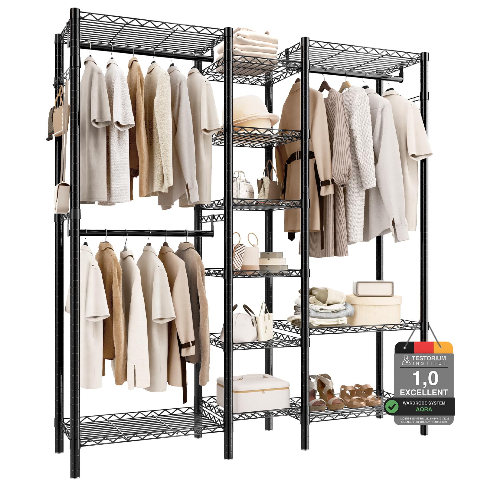 AQRA Metal Open Wardrobe, Heavy Duty Clothes Rail, 4 Assembly Ways, Black