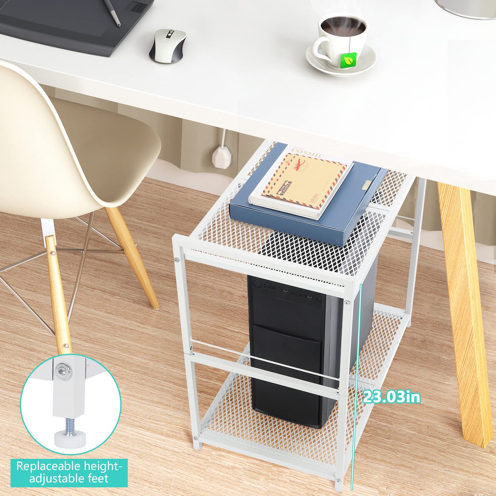 YBING Computer Tower Stand White PC Tower Stand 2 Tier CPU Holder Stand with Wheels Metal Mobile Computer Tower Cart Rolling PC Stand Floor for Fax