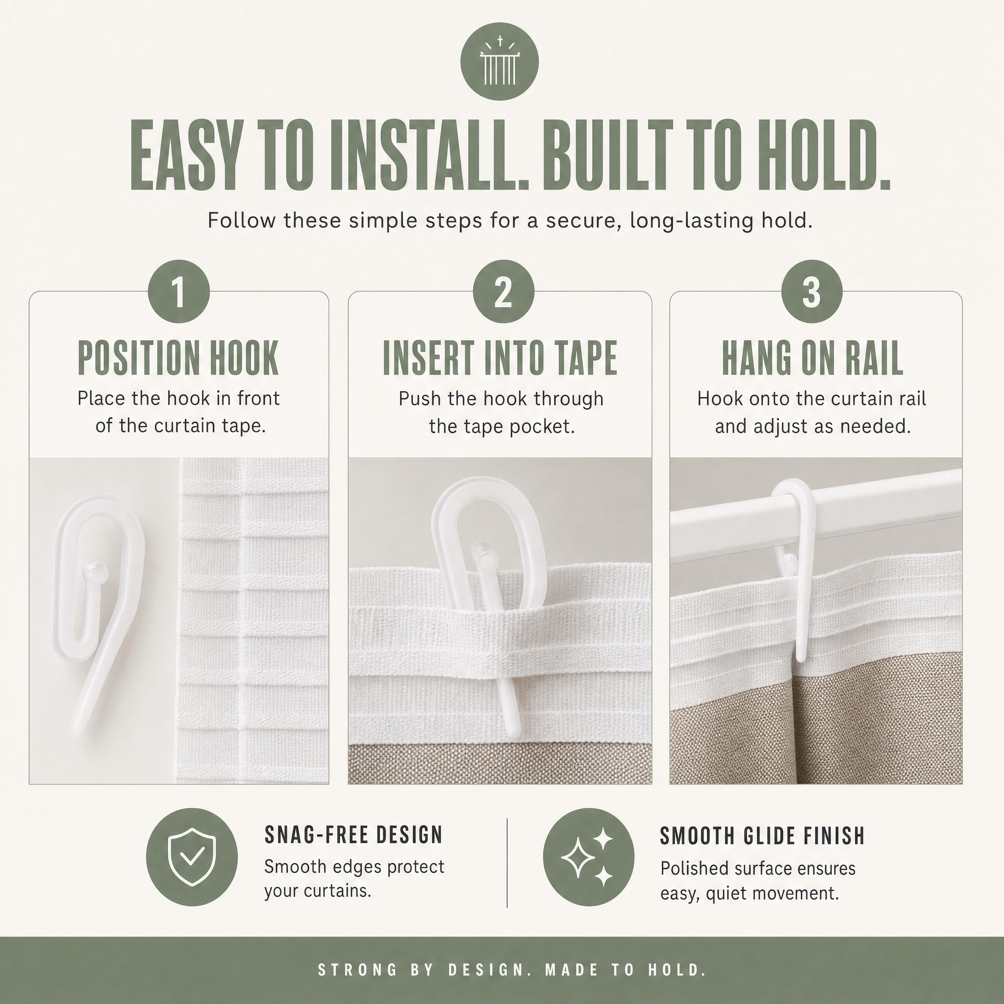 White Plastic Curtain Hooks for Pencil Pleat, Track & Window - 50 Pack