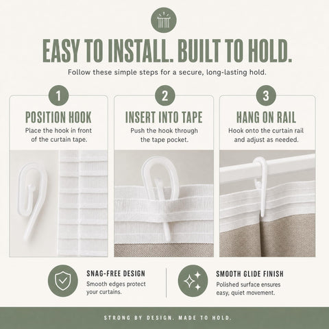White Plastic Curtain Hooks for Pencil Pleat, Track & Window - 50 Pack