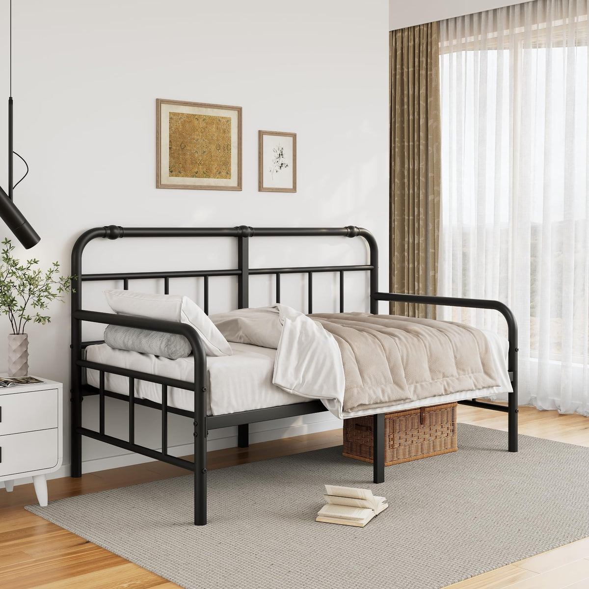 QFtime Metal Day Bed Frame with Headboard - Single Bed Frame with Underbed Storage and Steel Slat Support - Easy Assembly, Noise Free Black