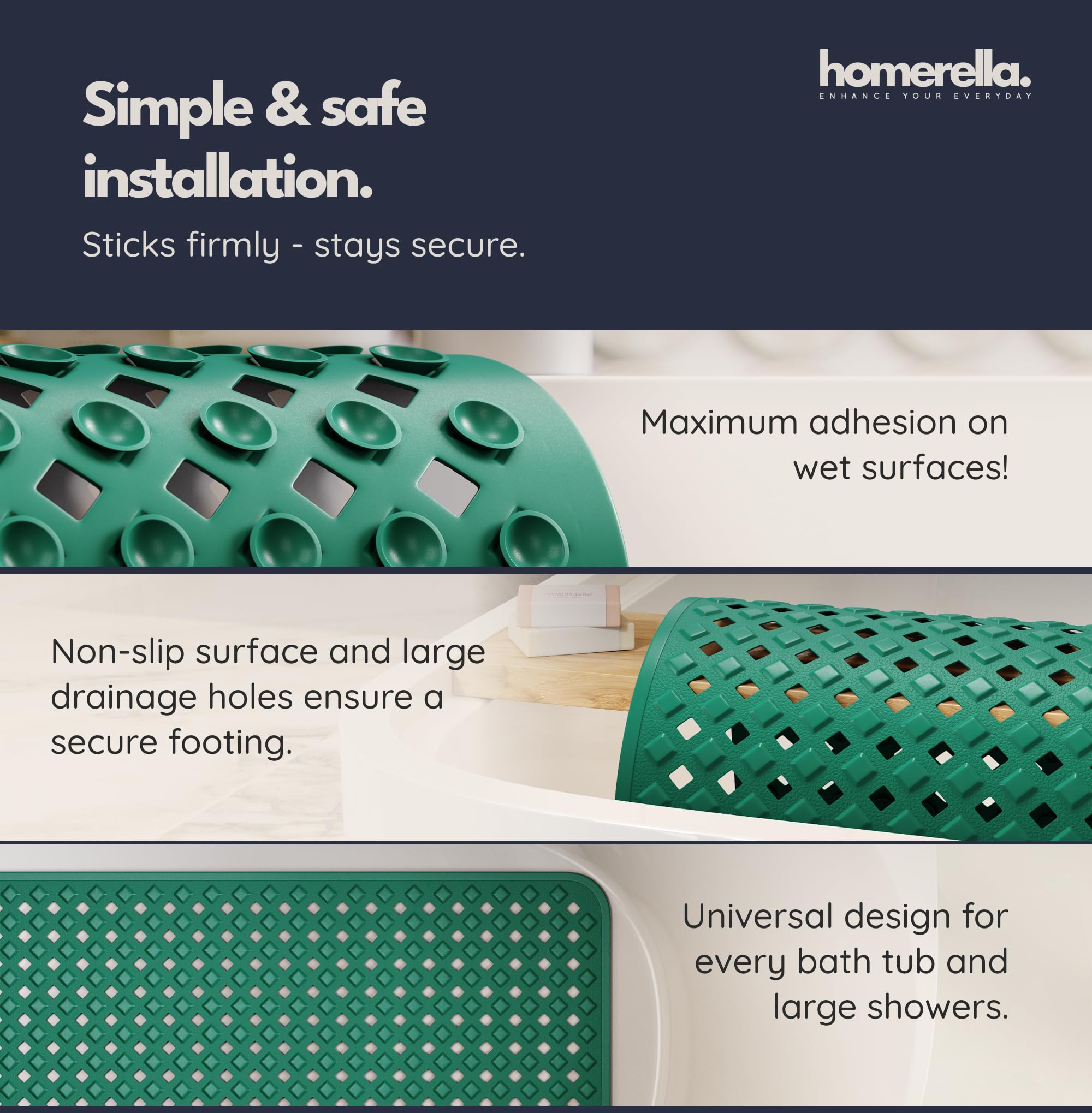 homerella Bath Mat Non Slip Anti Mould 88x39cm Shower Mat Non Slip Bath Mat