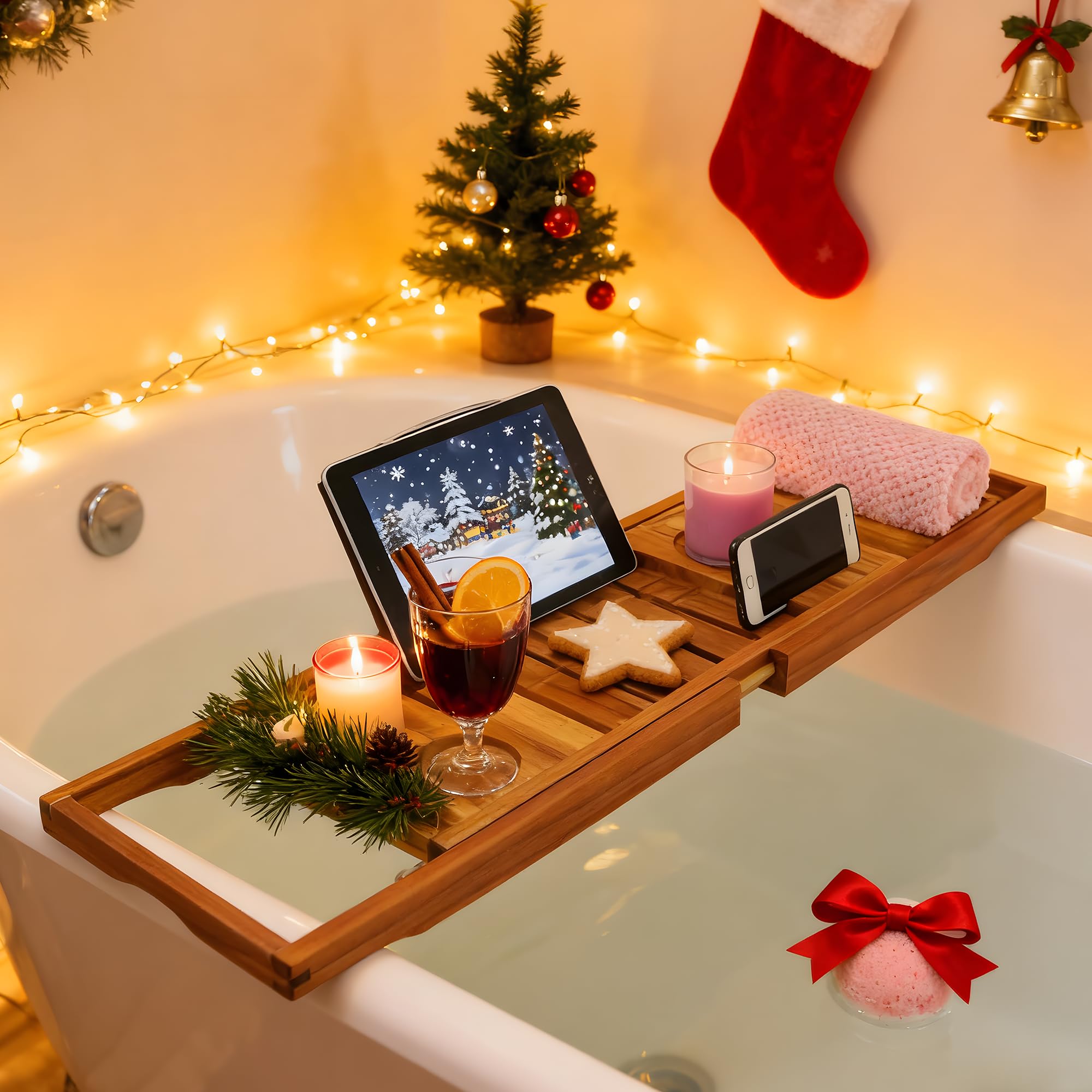 Utoplike Teak Wood Adjustable Bath Tray for Bathtub