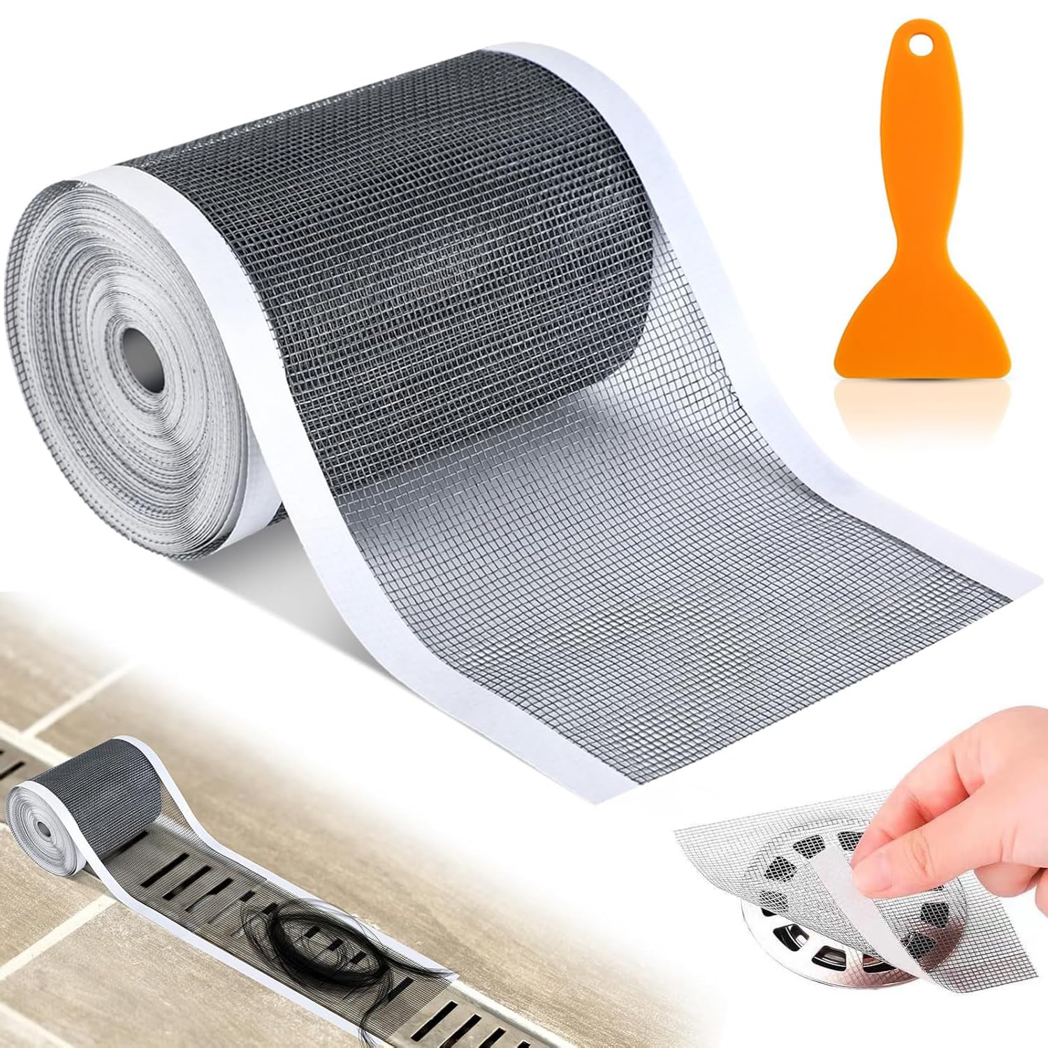 Shower Drain Hair Catcher, 12cm x 5m Self Adhesive Disposable Shower Drain Adapter, Drain Mesh Sticker Hair Sticker For Shower, with Plastic Spatula