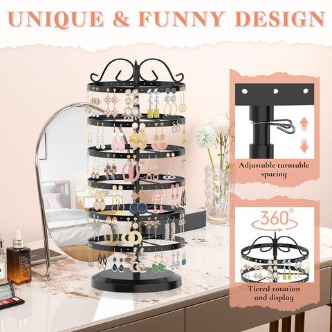 iDavosic.ly 6 Tier Metal Rotating Earring Holder Organizer, 264 Holes Earring Storage Display Tower Rack, Adjustable Earring Tree Organizer for Women