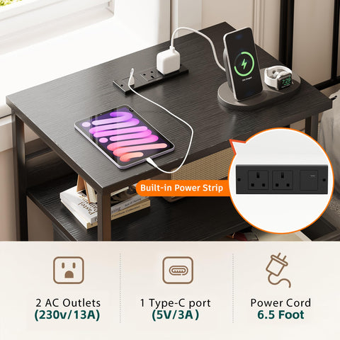 Flrrtenv Bedside Table with Charging Station, Smart Beside Cabinet, Nightstand with 2 Fabric Drawers & LED Light
