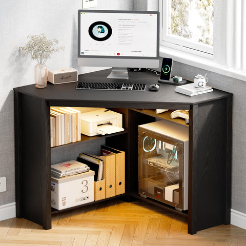 FREDEES Corner Desk with Charging Station & LED Light, Black
