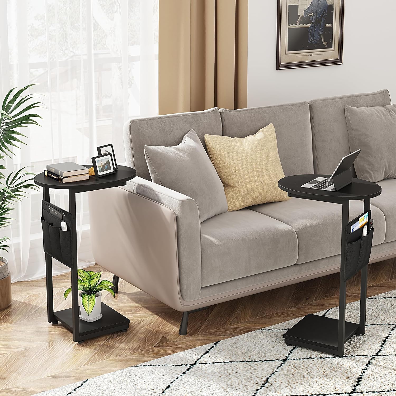 Vagusicc C Shaped End Table, Small Couch Side Tables with Metal Frame that Slide Under Sofa Table TV Tray for Living Room, Bedroom, Black