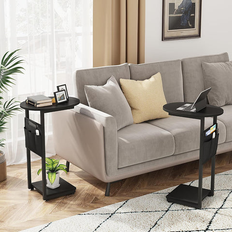 Vagusicc C Shaped End Table, Small Couch Side Tables with Metal Frame that Slide Under Sofa Table TV Tray for Living Room, Bedroom, Black