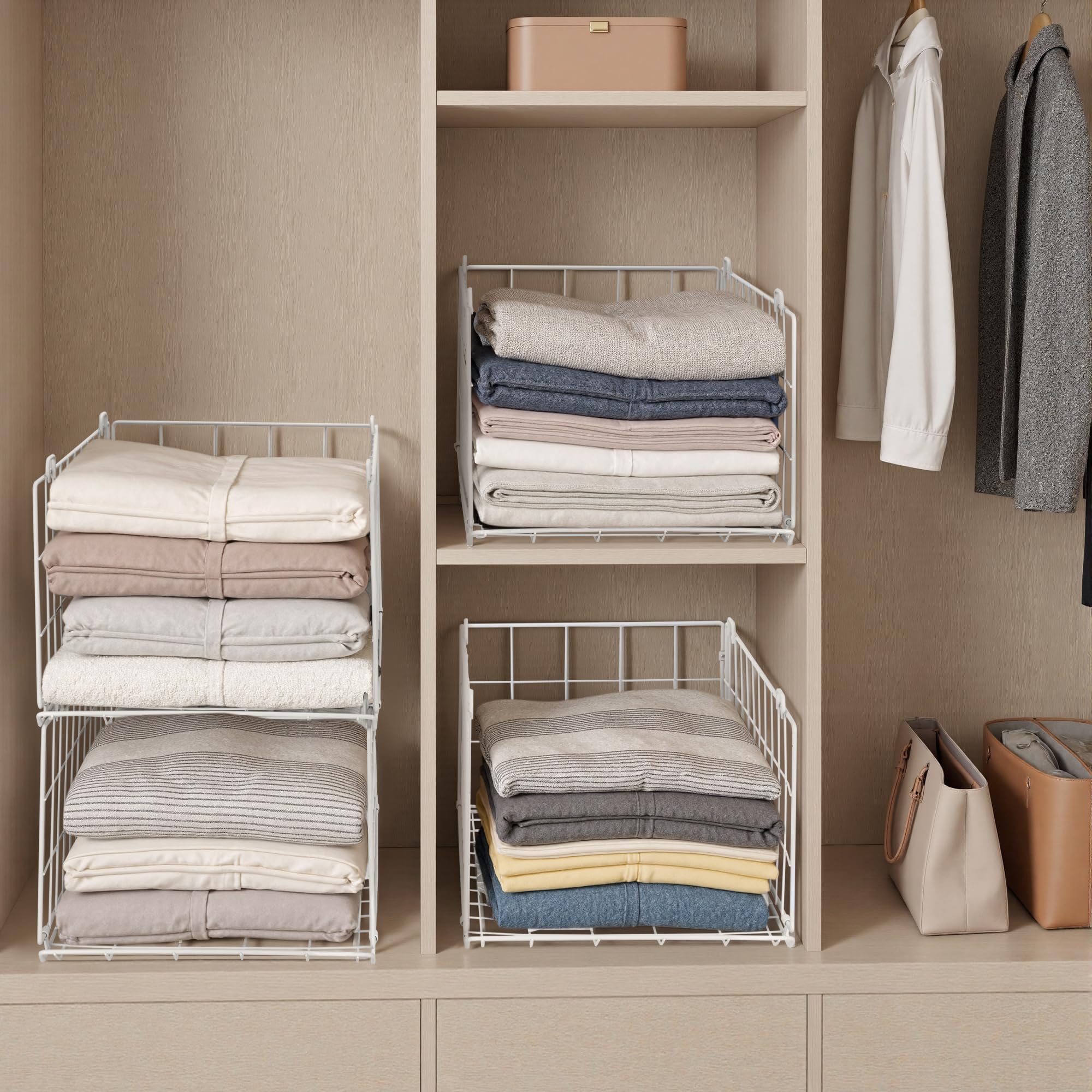 QIWODE Stackable Wardrobe Storage Organiser, Set of 4 Metal Wire Clothes Storage Baskets, Closet Organiser & Shelf Baskets for Bedroom, Pantry