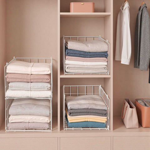 QIWODE Stackable Wardrobe Storage Organiser, Set of 4 Metal Wire Clothes Storage Baskets, Closet Organiser & Shelf Baskets for Bedroom, Pantry