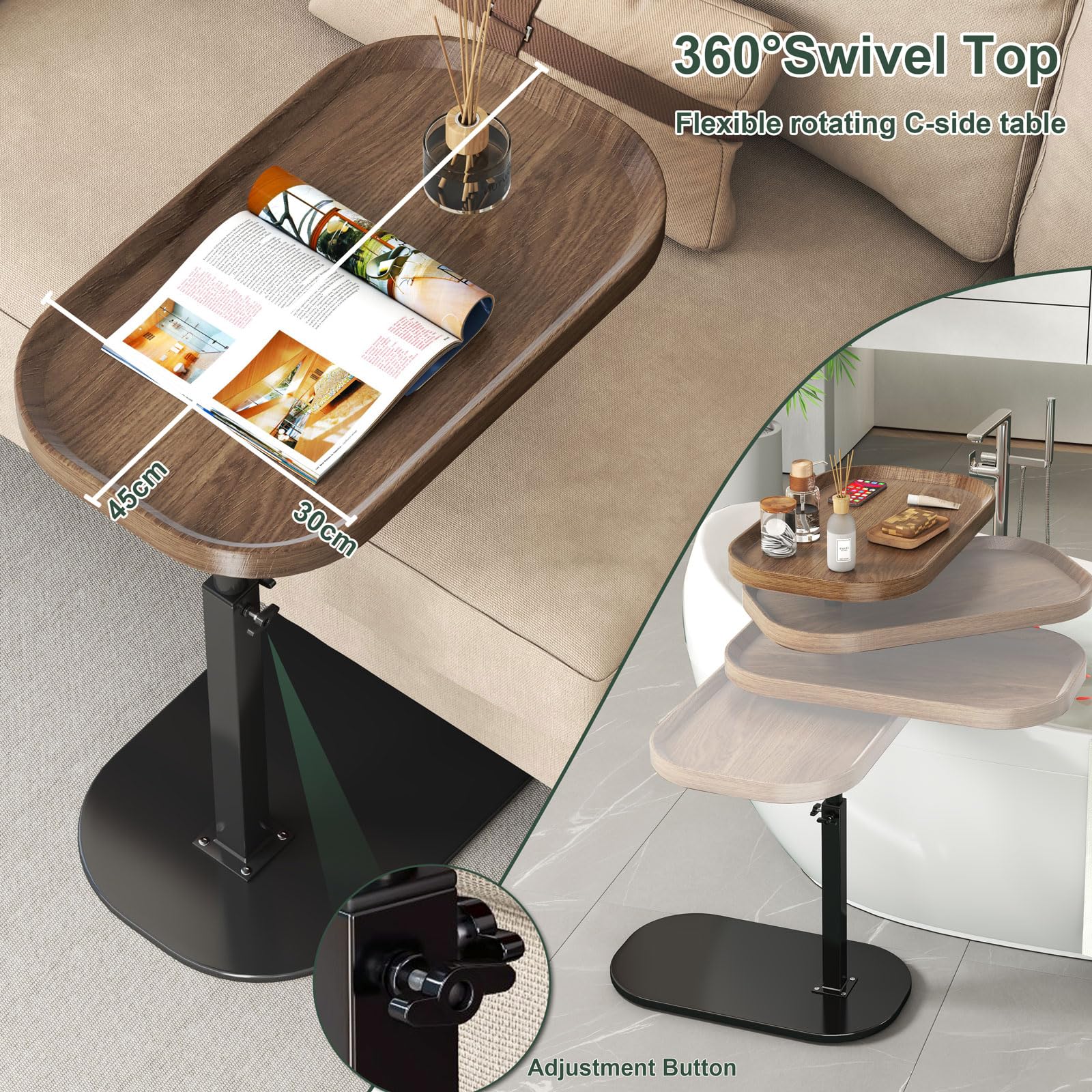 YUTVCZO Adjustable Height C Shaped Side Table, 360°Swivel Sofa C Tables That Slide Under, Small Tv Tray for Sofa Arm and Bedside