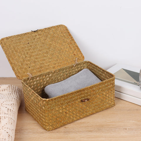 FEIALNDUO Wicker Shelf Baskets with Lid,Seagrass Storage Basket Bins Rectangular Handwoven Basket Boxes for Shelves Desktop Home Organizer
