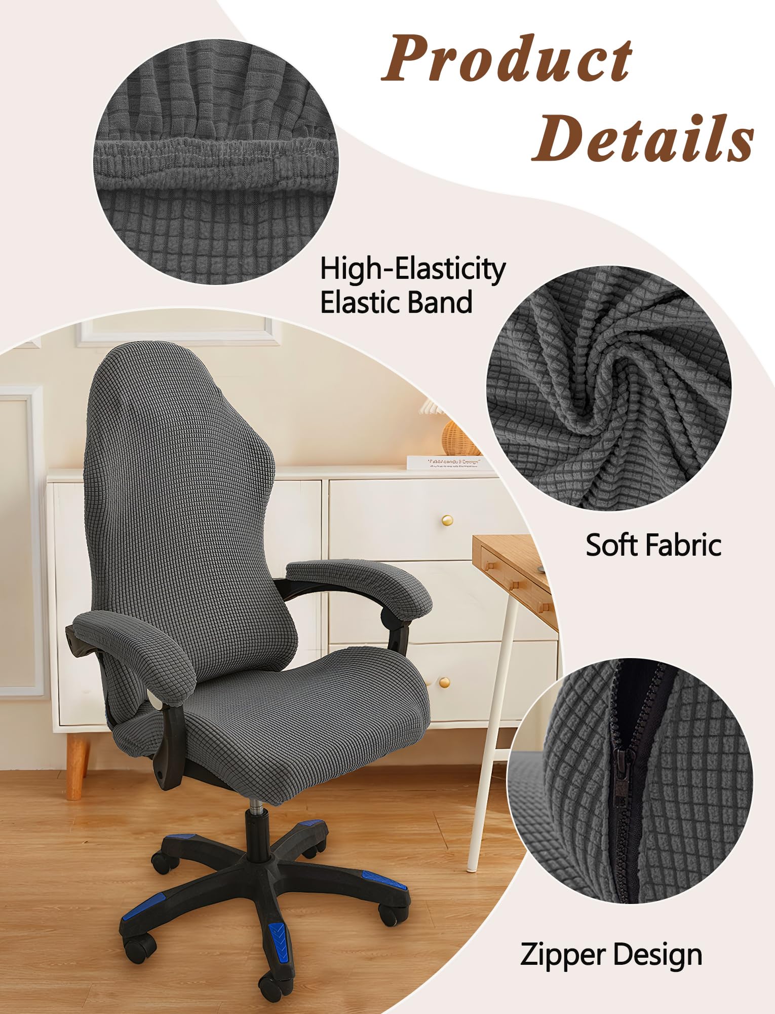 HonorHut Non Slip Thick Chair Cover Computer Chair Cover Corduroy Grey