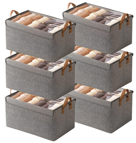 AARAINBOW Closet Organizer Bins 6 Pc, Fabric Clothes Storage Boxes for Wardrobe, Stackable Foldable Storage Boxes with Lids & Metal Frame, 23L