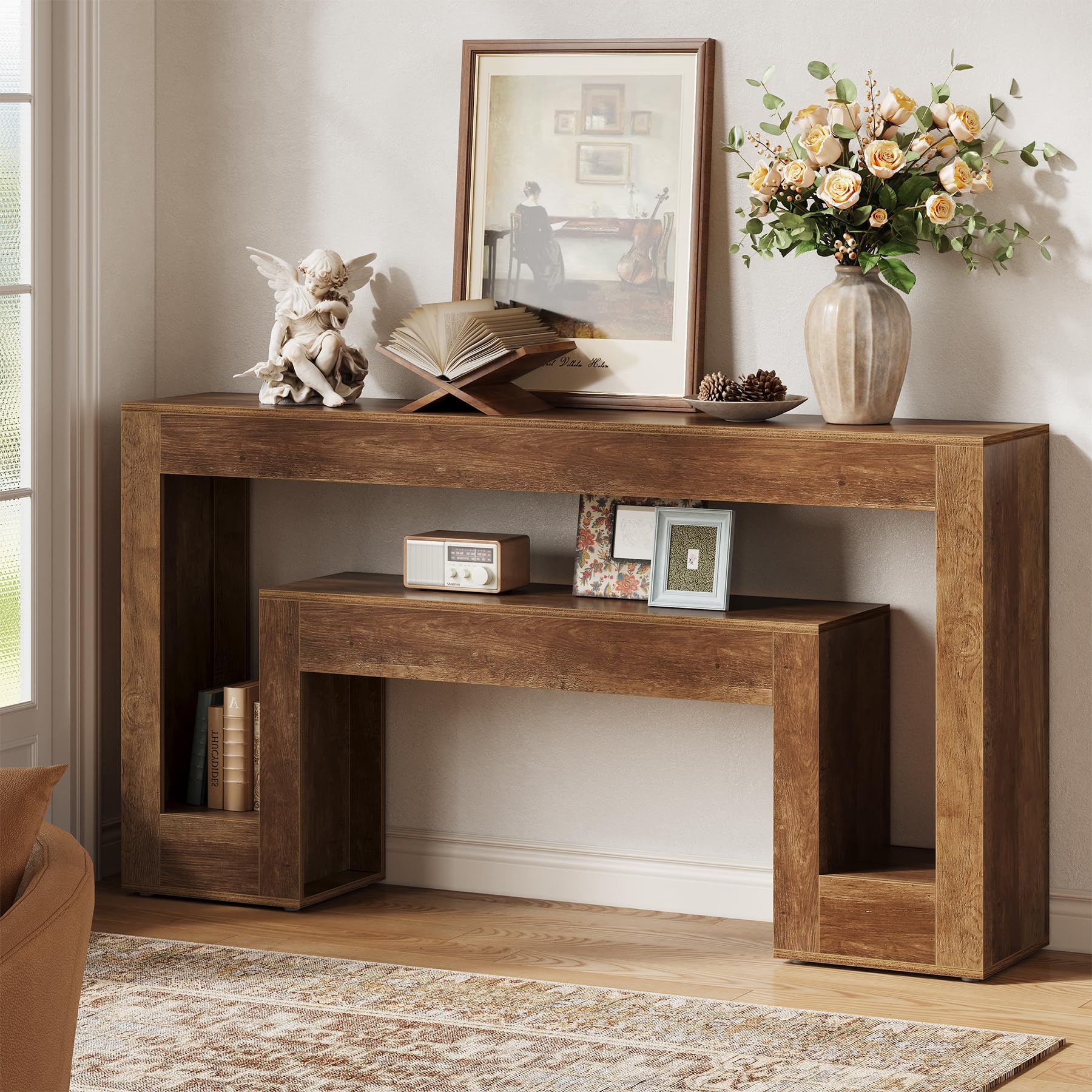 Tribesigns Console Table, 2-Tier Farmhouse Entryway Table with Storage, for Living Room, Entrance, Hallway, Brown