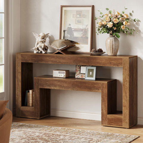 Tribesigns Console Table, 2-Tier Farmhouse Entryway Table with Storage, for Living Room, Entrance, Hallway, Brown